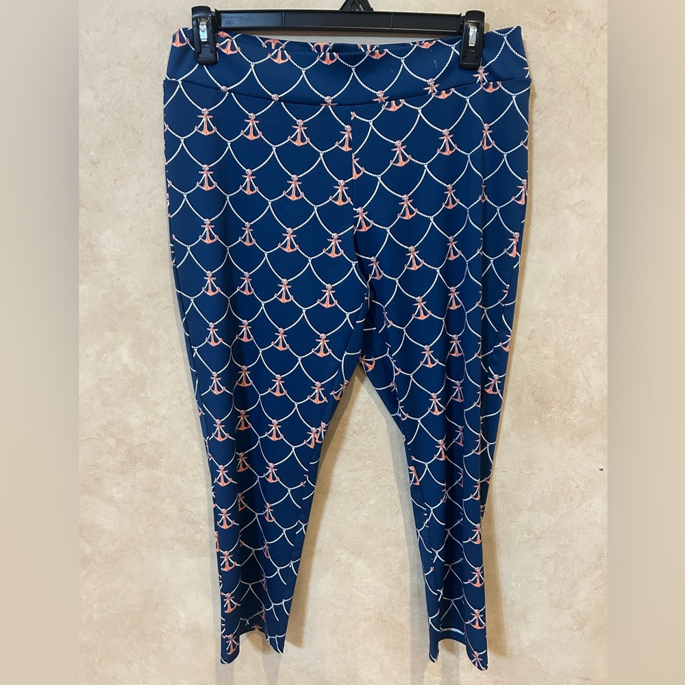 Mud Pie Blue Leggings anchors Pink and White Pattern size large cozy silky feel